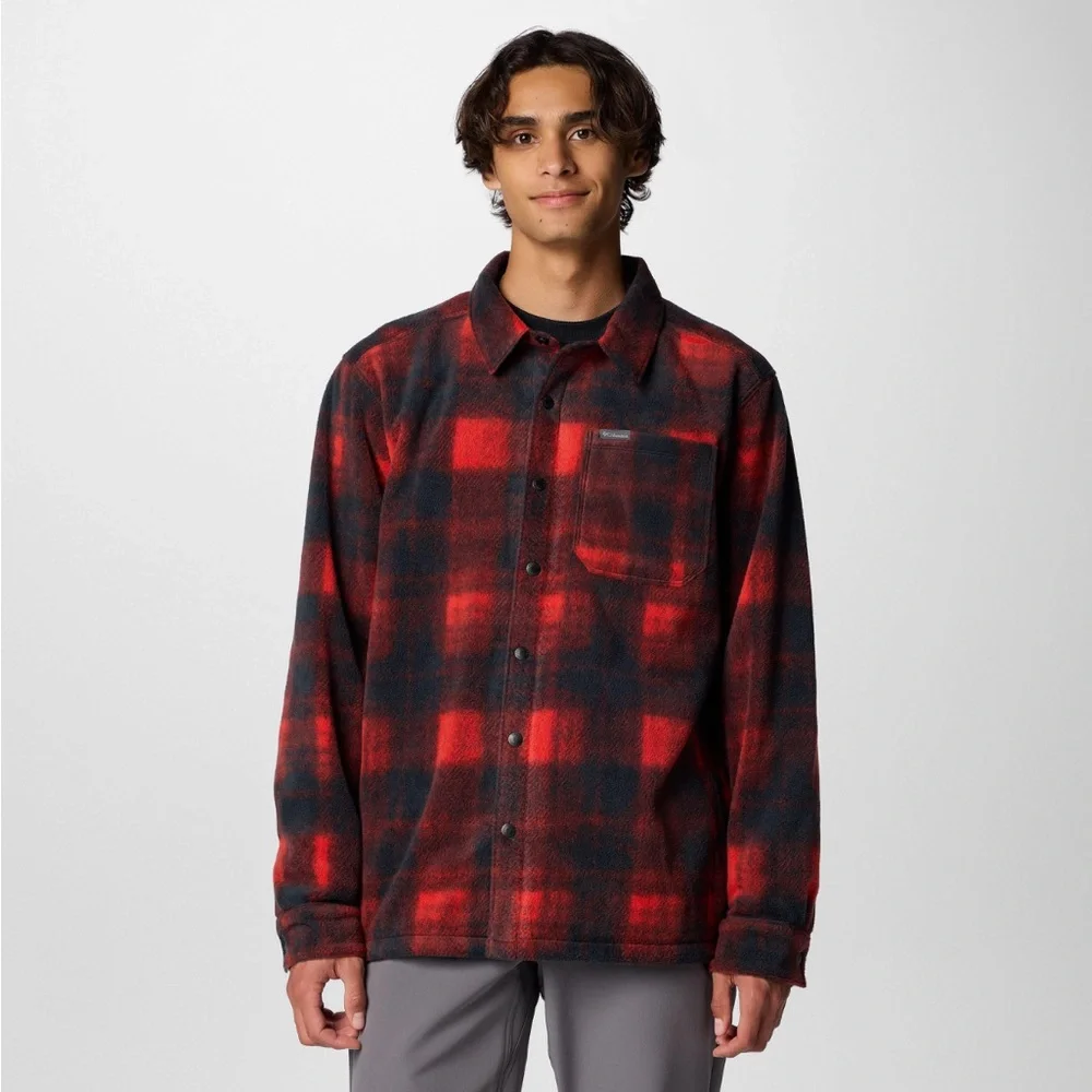 Columbia Mens Large Tall Steens Mountain Fleece Shirt Jacket Red Plaid Red Black